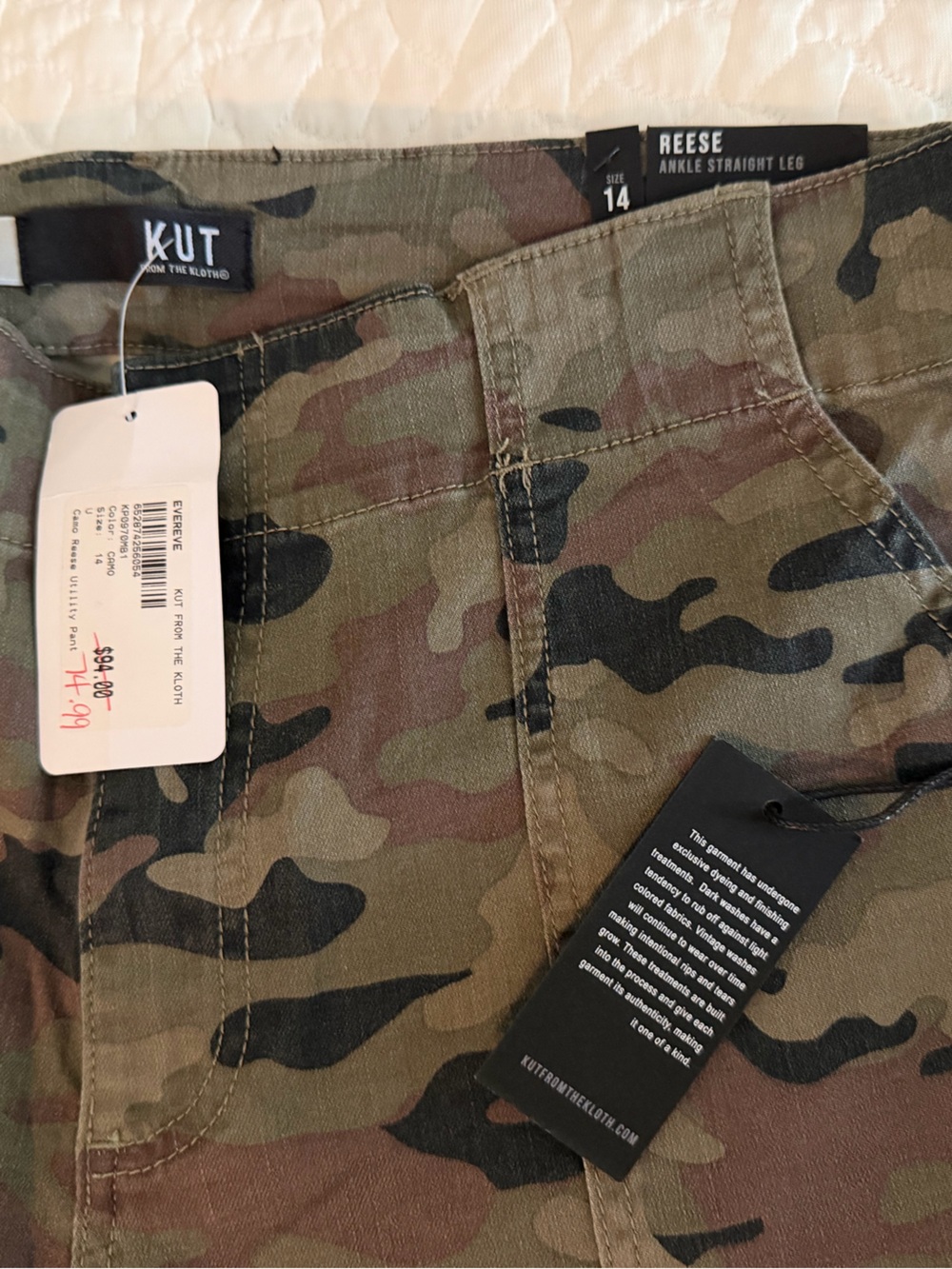 NWT KUT from the Kloth Reese Camo Ankle Straight Pants 14